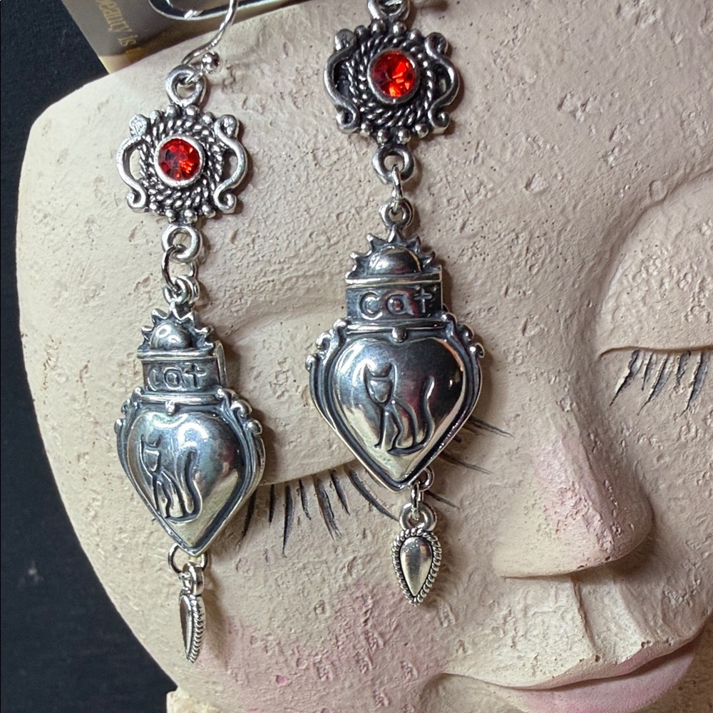 Silver Cat Heart Dangle Earrings with Red rhinestone Accent